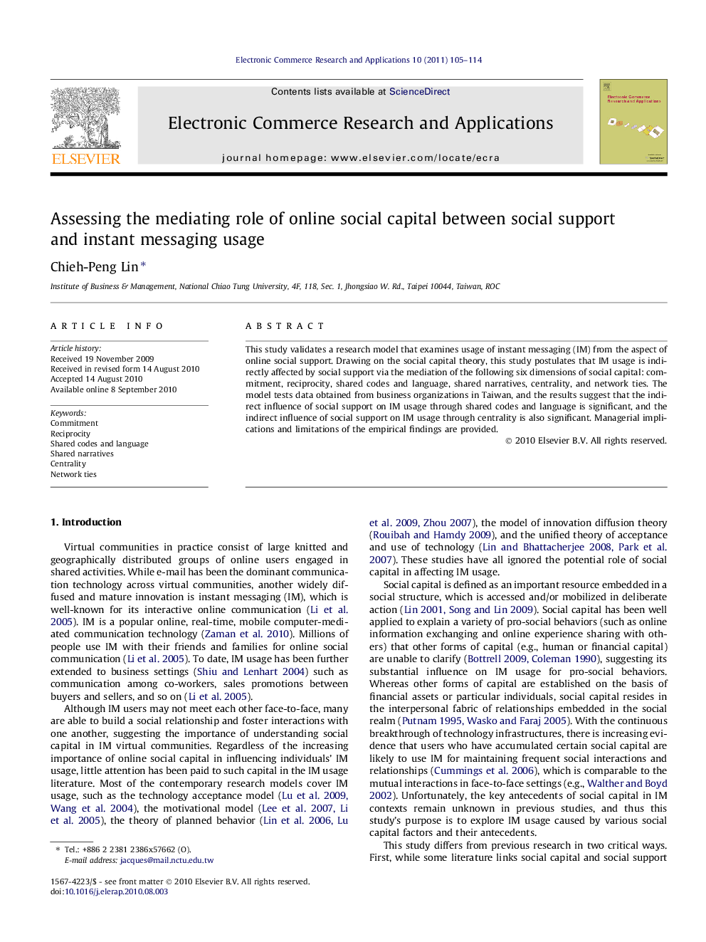 Assessing the mediating role of online social capital between social support and instant messaging usage