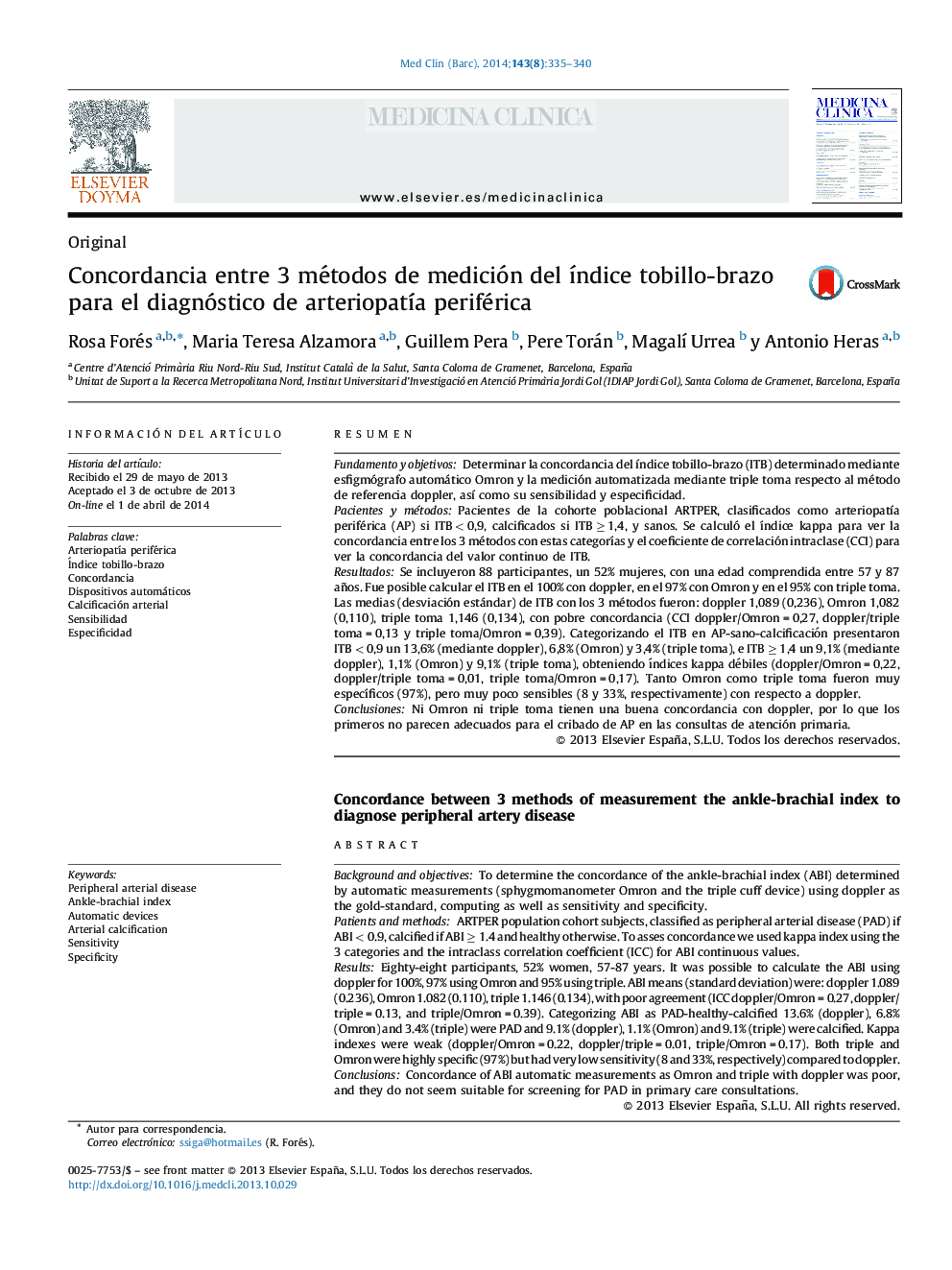 Concordancia entre 3 métodos de medición del índice tobillo-brazo para el diagnóstico de arteriopatía periférica