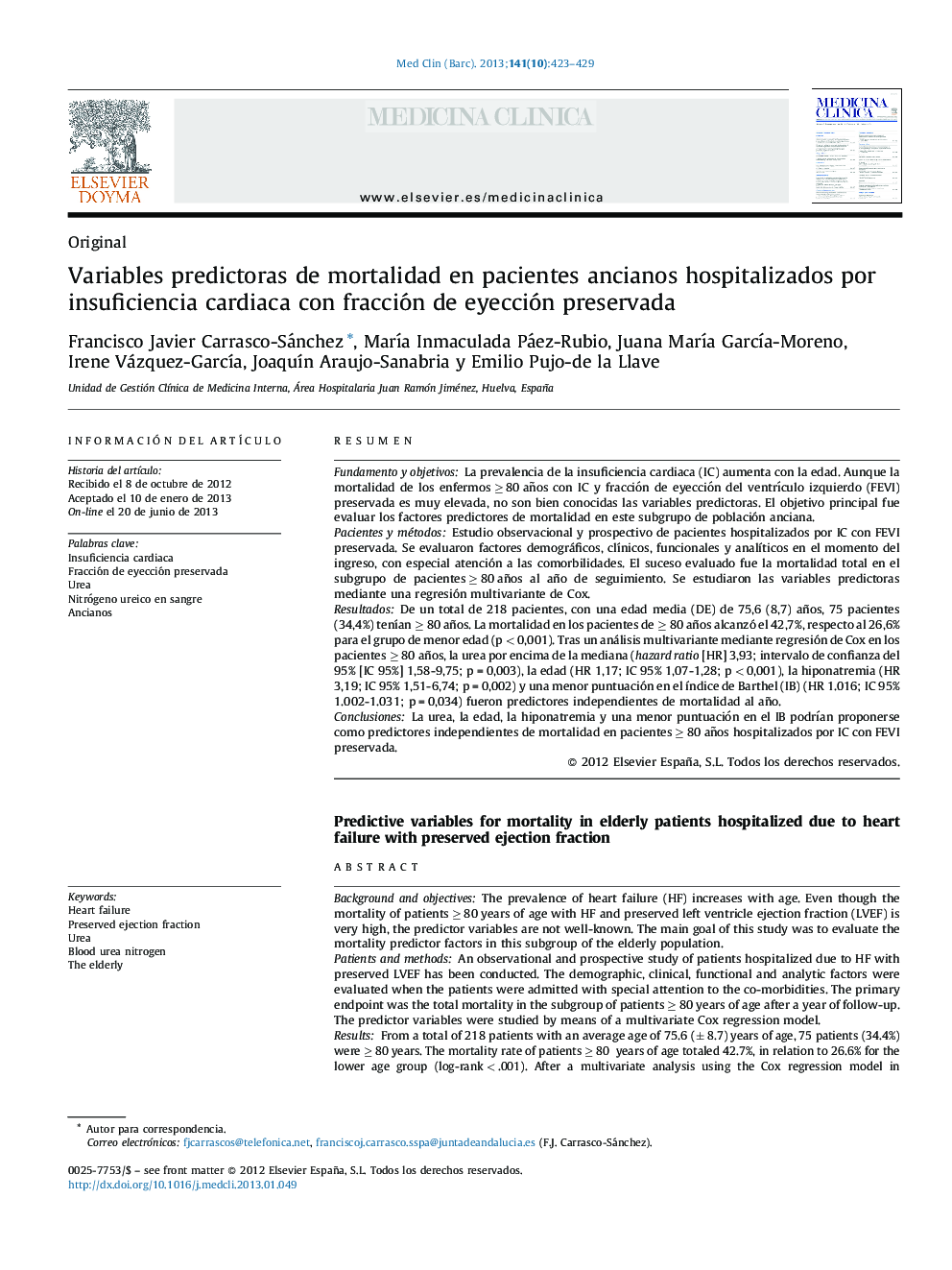 Variables predictoras de mortalidad en pacientes ancianos hospitalizados por insuficiencia cardiaca con fracción de eyección preservada