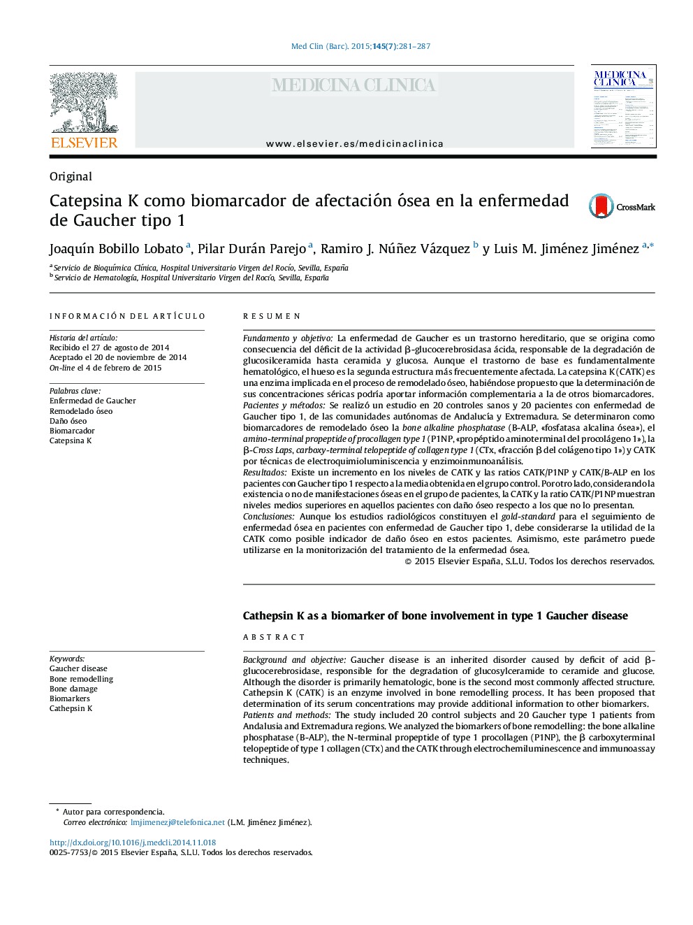 عکس صفحه اول مقاله: Catepsina K como biomarcador de afectación ósea en la enfermedad de Gaucher tipo 1 Catepsina K como biomarcador de afectación ósea en la enfermedad de Gaucher tipo 1