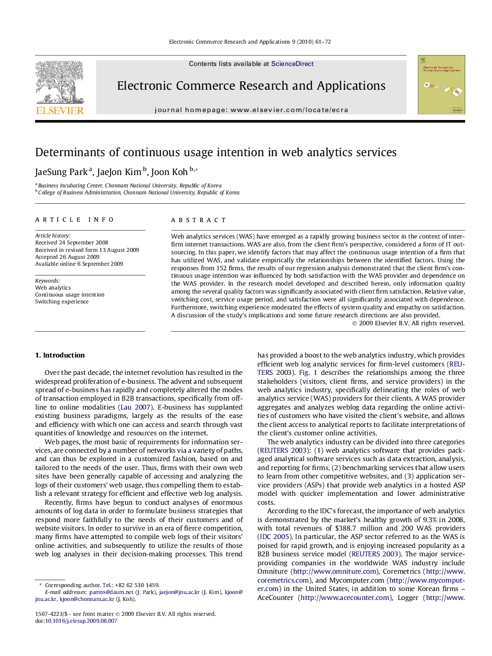 Determinants of continuous usage intention in web analytics services