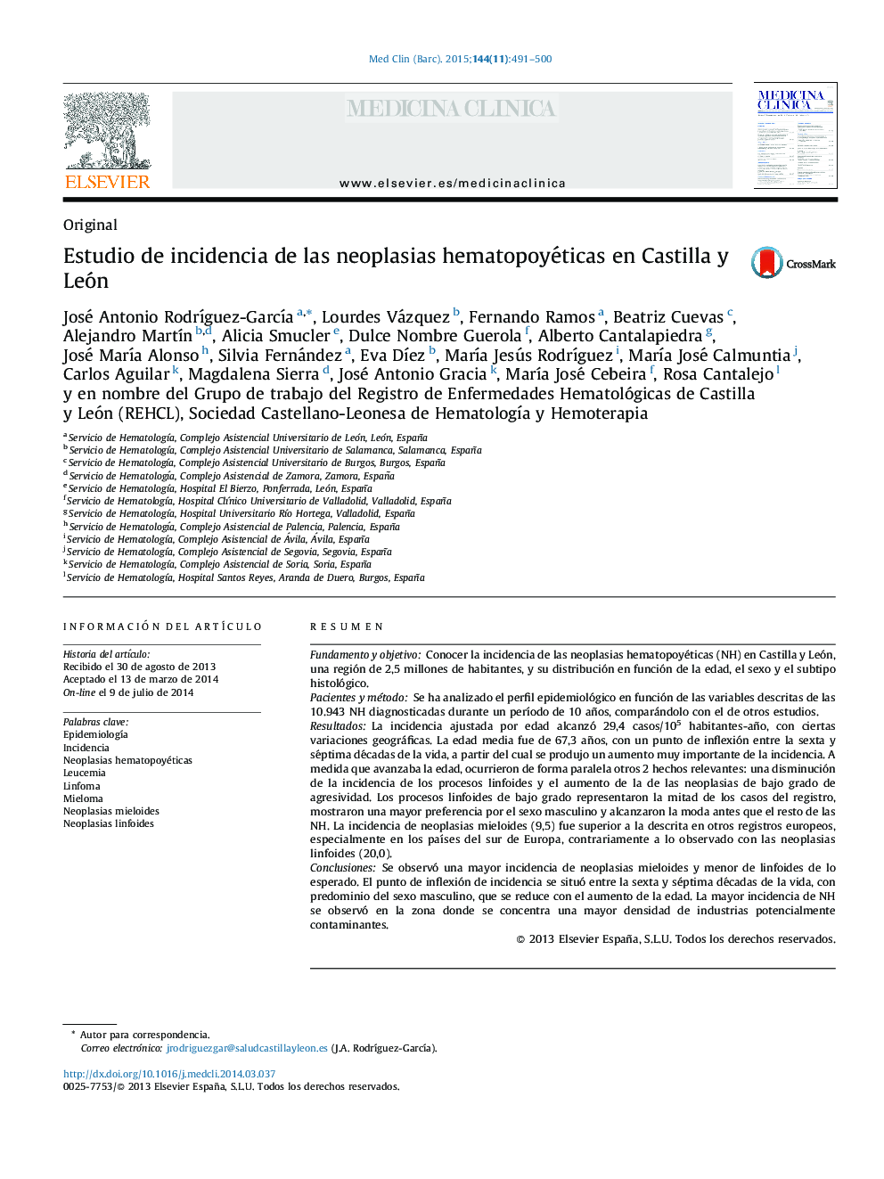 Estudio de incidencia de las neoplasias hematopoyéticas en Castilla y León