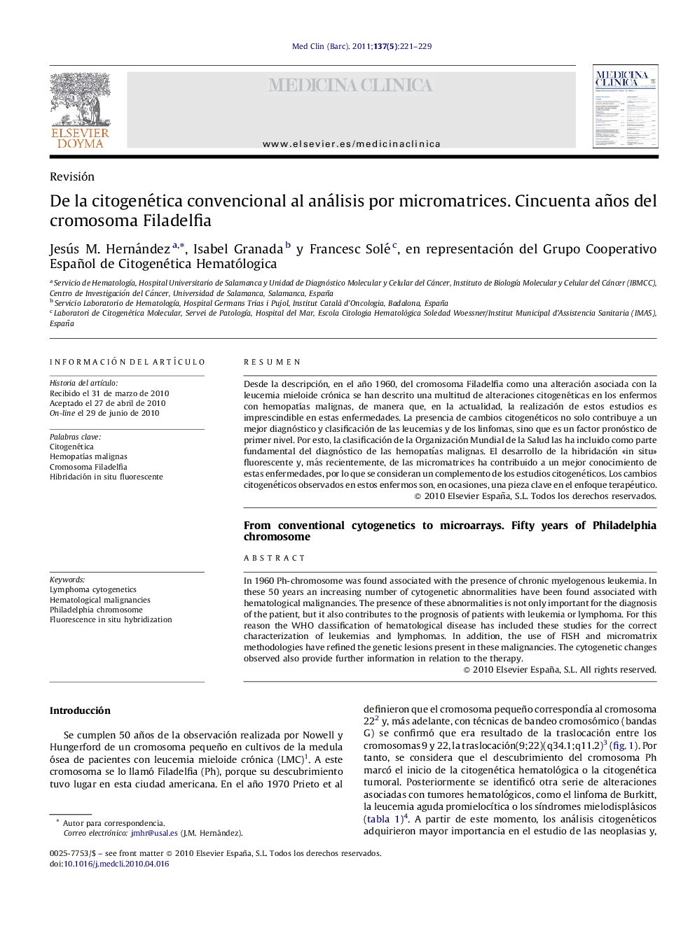 De la citogenética convencional al análisis por micromatrices. Cincuenta años del cromosoma Filadelfia