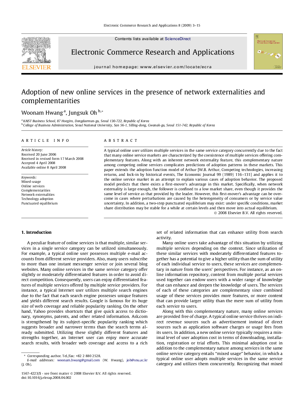 Adoption of new online services in the presence of network externalities and complementarities