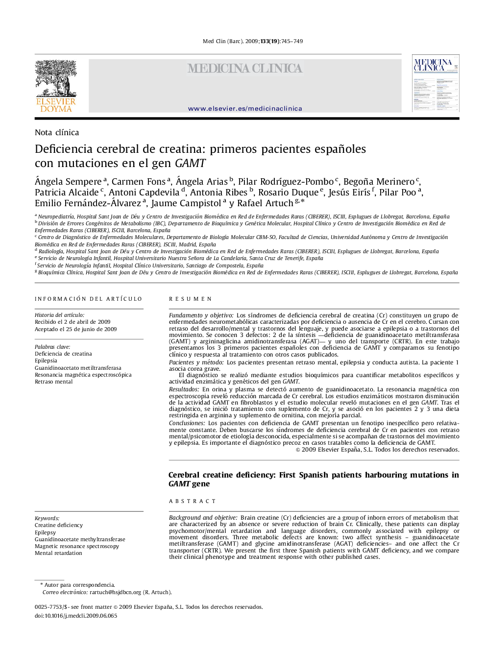 Deficiencia cerebral de creatina: primeros pacientes españoles con mutaciones en el gen GAMT