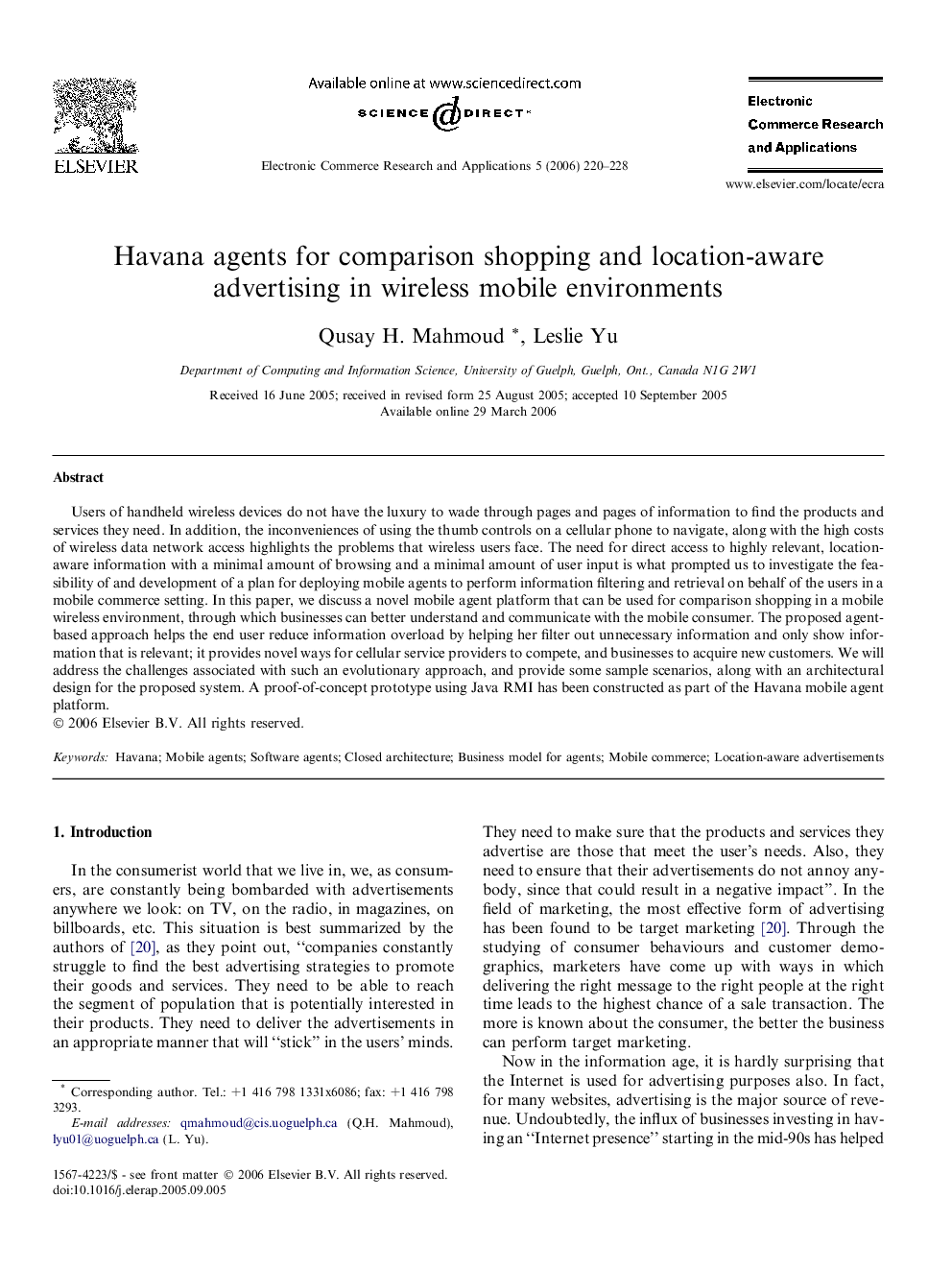 Havana agents for comparison shopping and location-aware advertising in wireless mobile environments