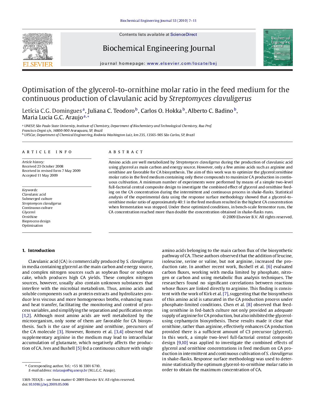 Optimisation of the glycerol-to-ornithine molar ratio in the feed medium for the continuous production of clavulanic acid by Streptomyces clavuligerus