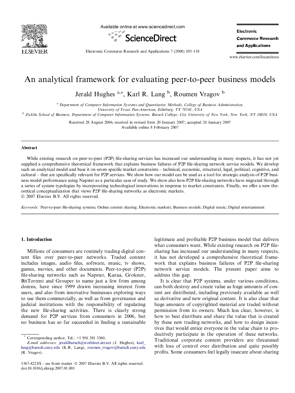 An analytical framework for evaluating peer-to-peer business models