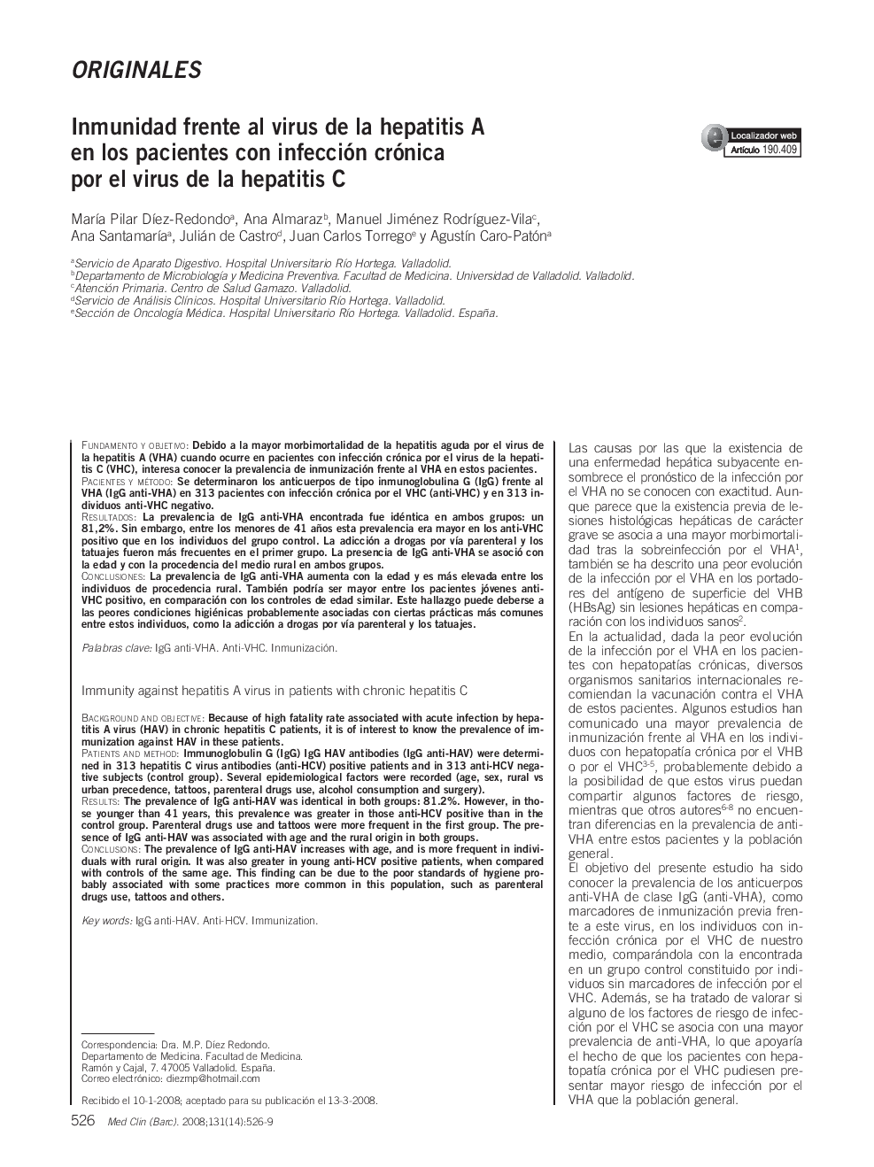 Inmunidad frente al virus de la hepatitis A en los pacientes con infección crónica por el virus de la hepatitis C