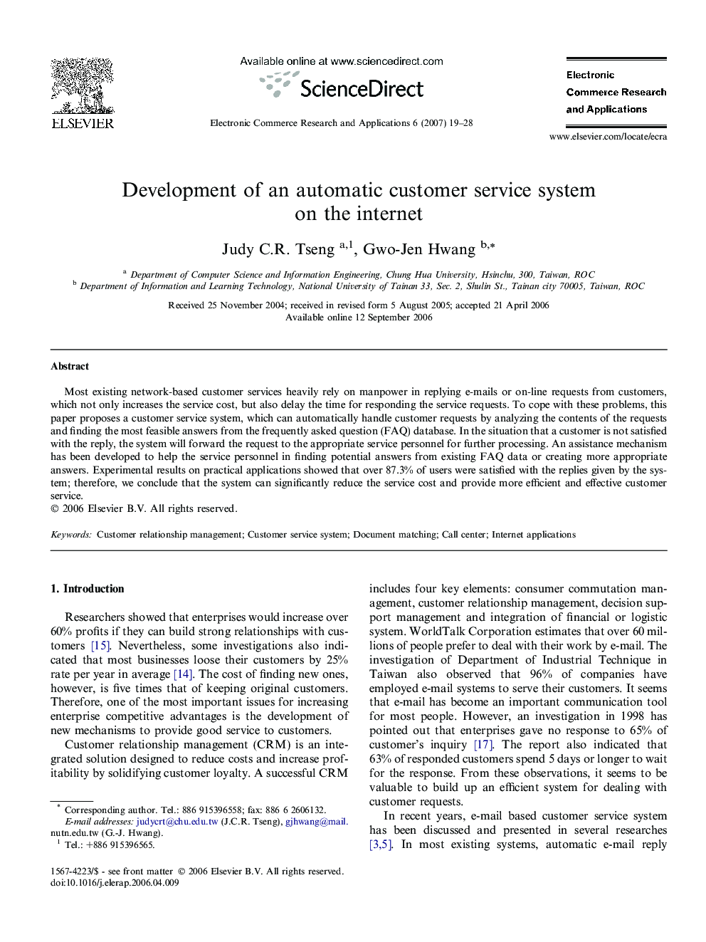 Development of an automatic customer service system on the internet