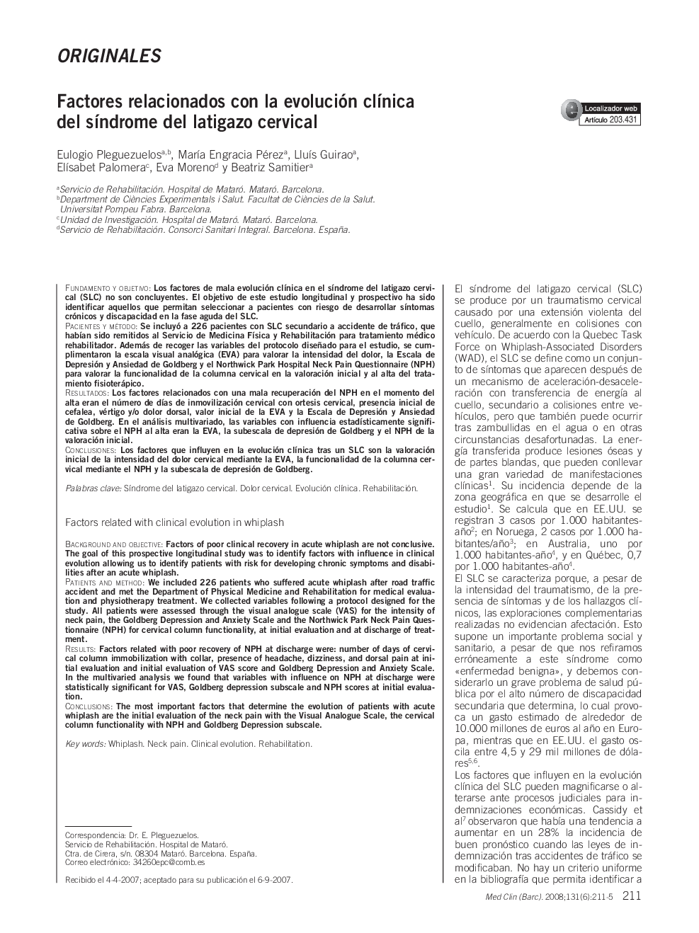 Factores relacionados con la evolución clínica del síndrome del latigazo cervical