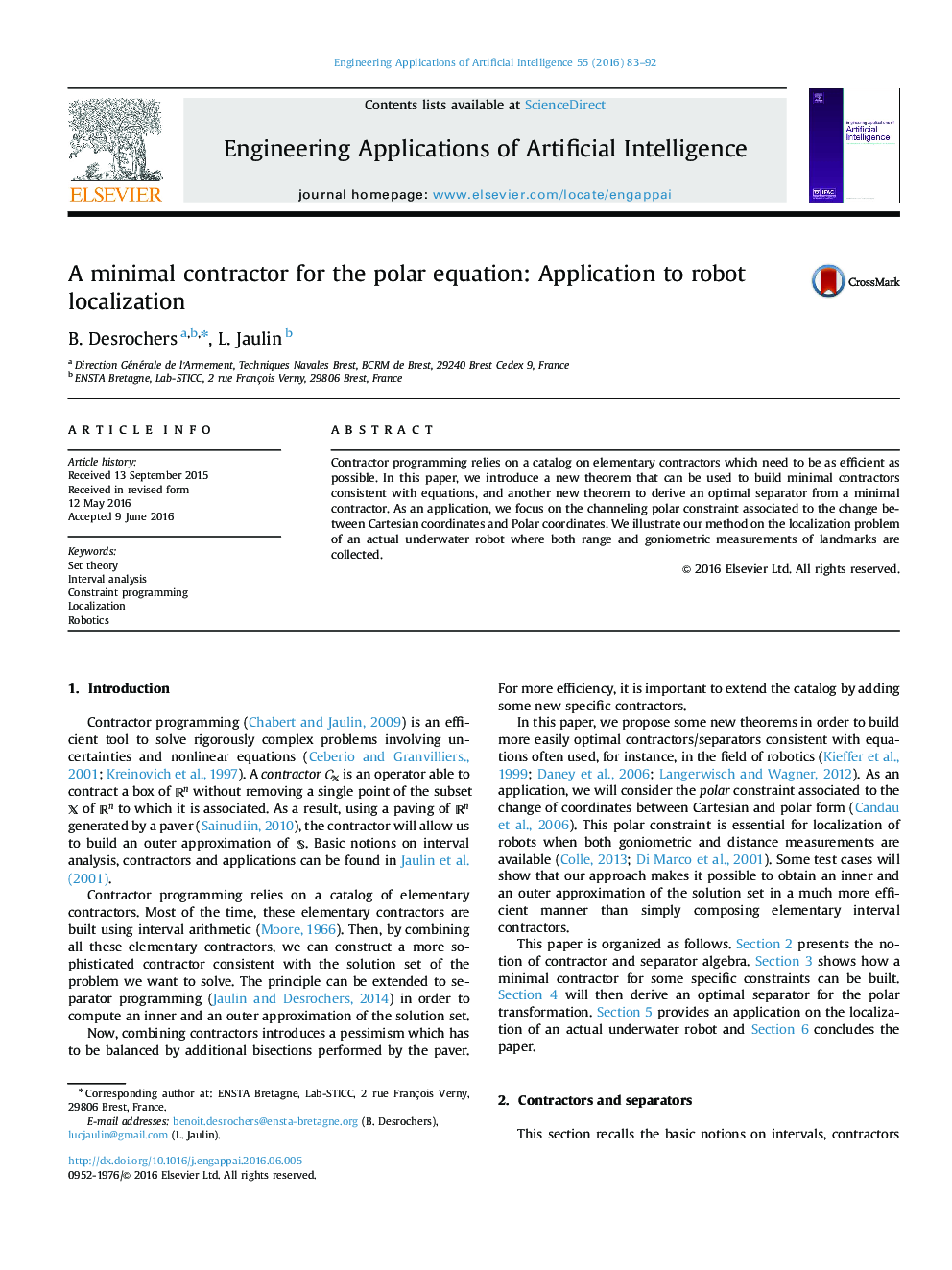 A minimal contractor for the polar equation: Application to robot localization