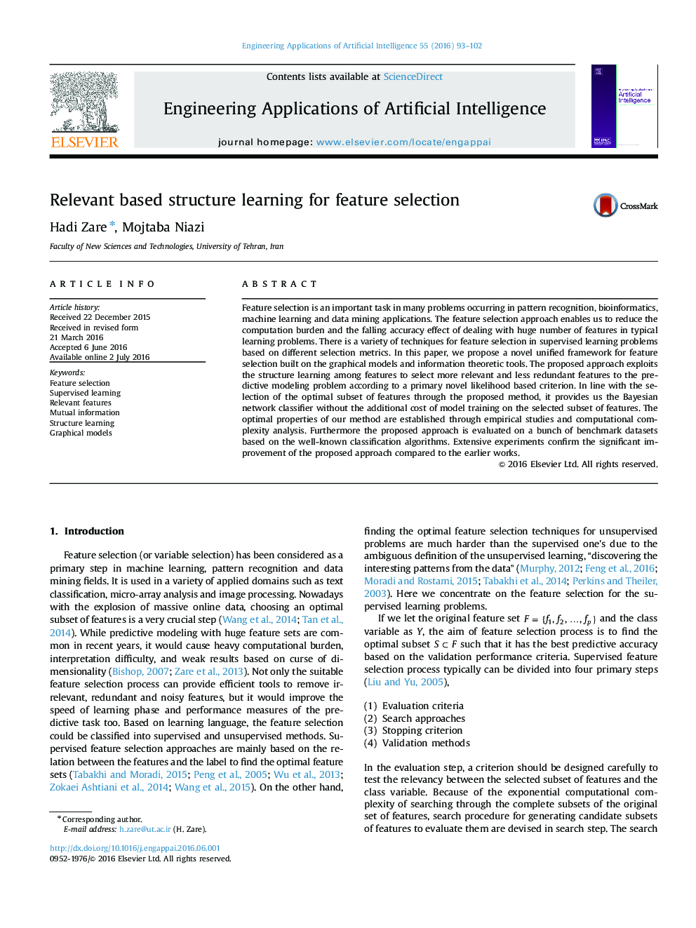 Relevant based structure learning for feature selection