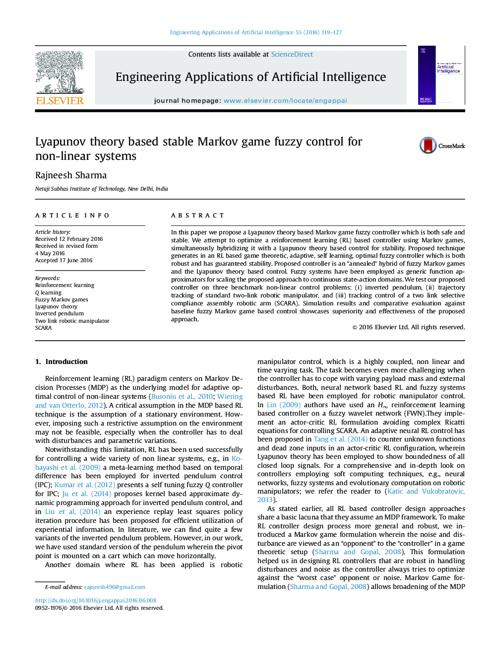 Lyapunov theory based stable Markov game fuzzy control for non-linear systems