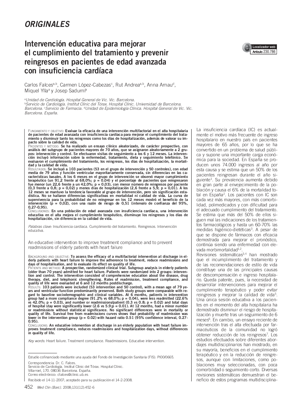 Intervención educativa para mejorar el cumplimiento del tratamiento y prevenir reingresos en pacientes de edad avanzada con insuficiencia cardÃ­aca