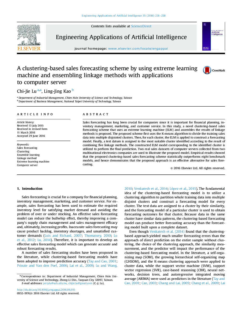 A clustering-based sales forecasting scheme by using extreme learning machine and ensembling linkage methods with applications to computer server