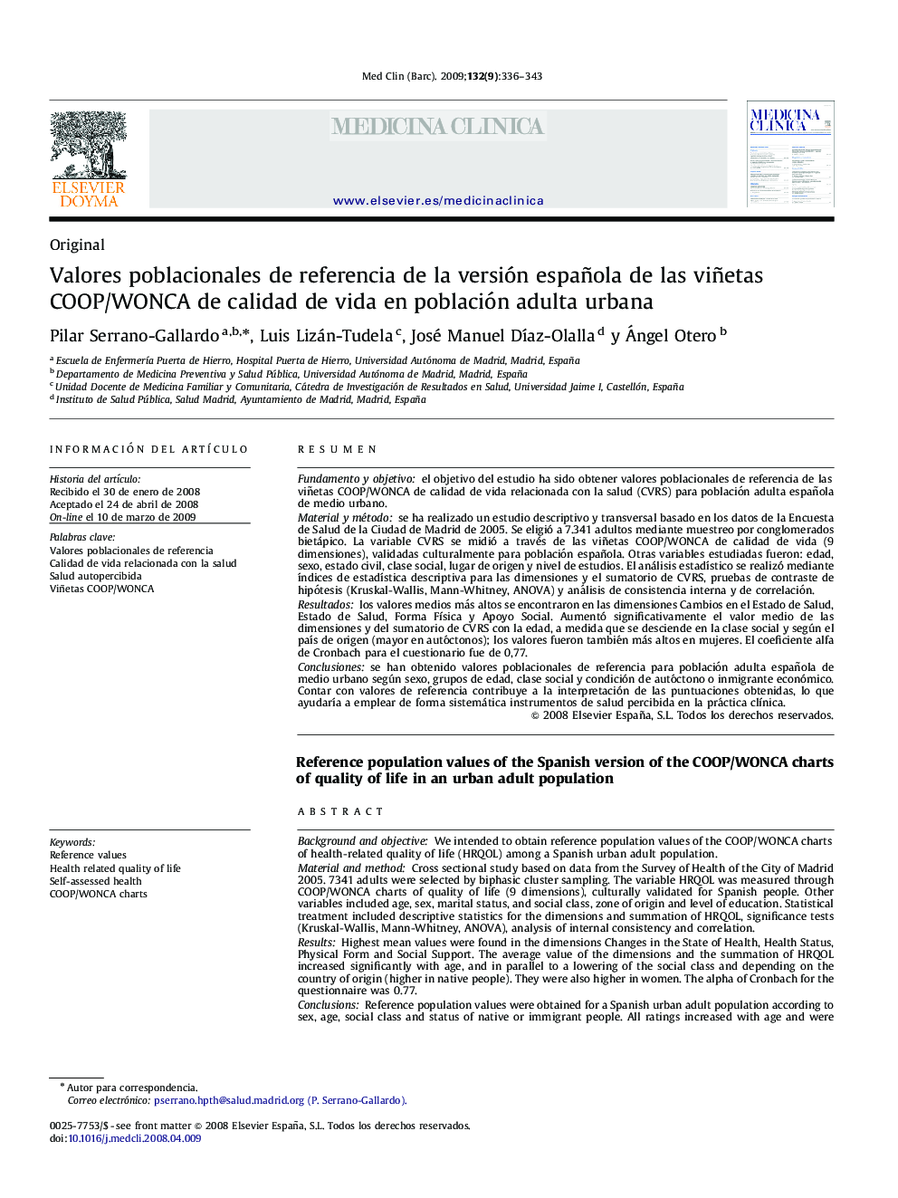 Valores poblacionales de referencia de la versión española de las viñetas COOP/WONCA de calidad de vida en población adulta urbana