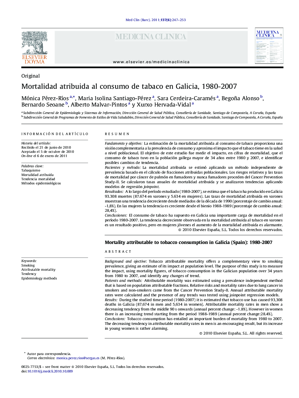 Mortalidad atribuida al consumo de tabaco en Galicia, 1980-2007