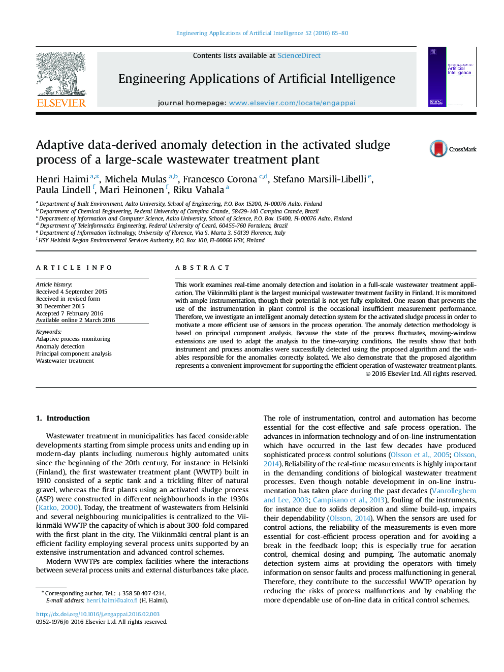 Adaptive data-derived anomaly detection in the activated sludge process of a large-scale wastewater treatment plant