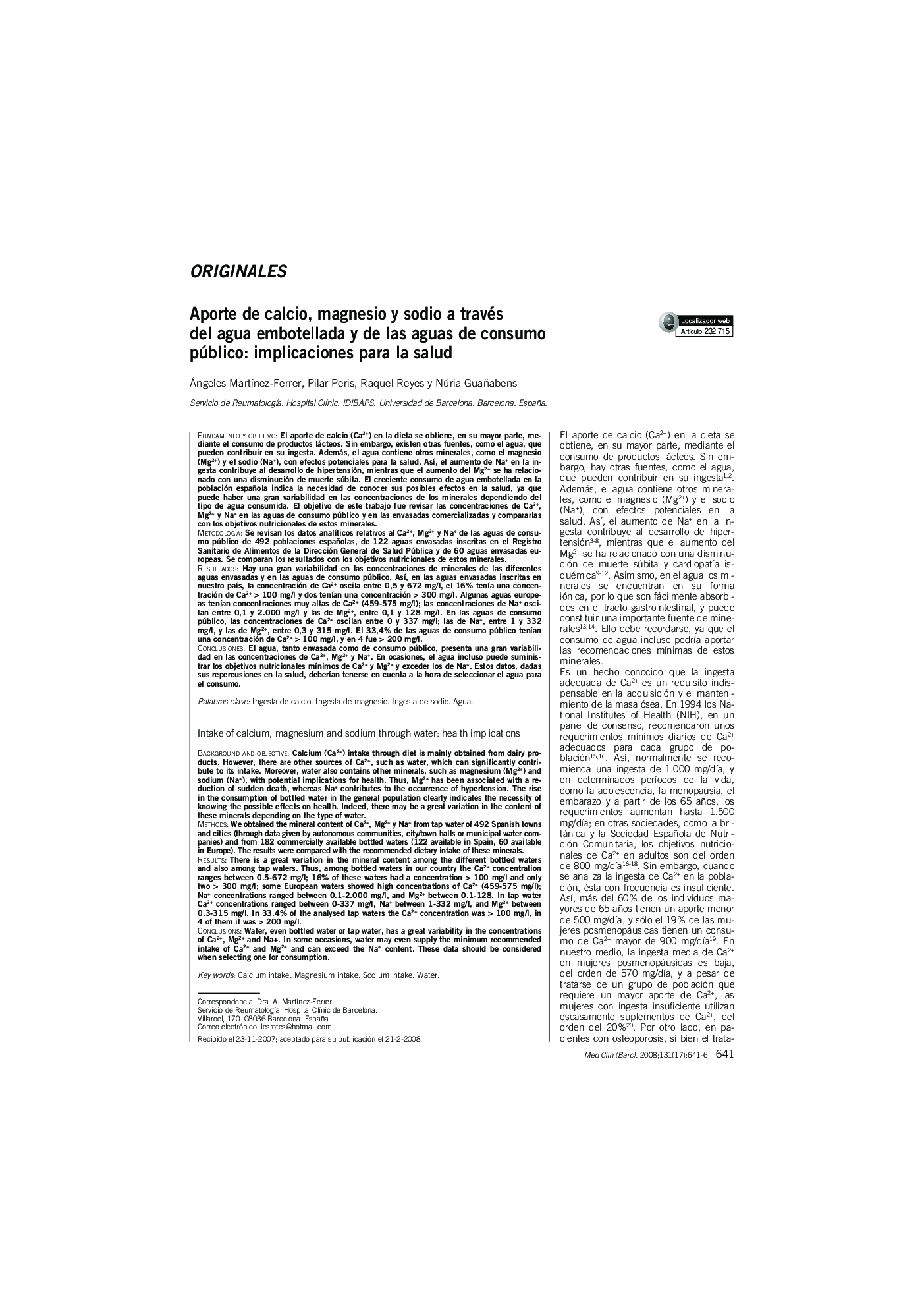Aporte de calcio, magnesio y sodio a través del agua embotellada y de las aguas de consumo público: implicaciones para la salud