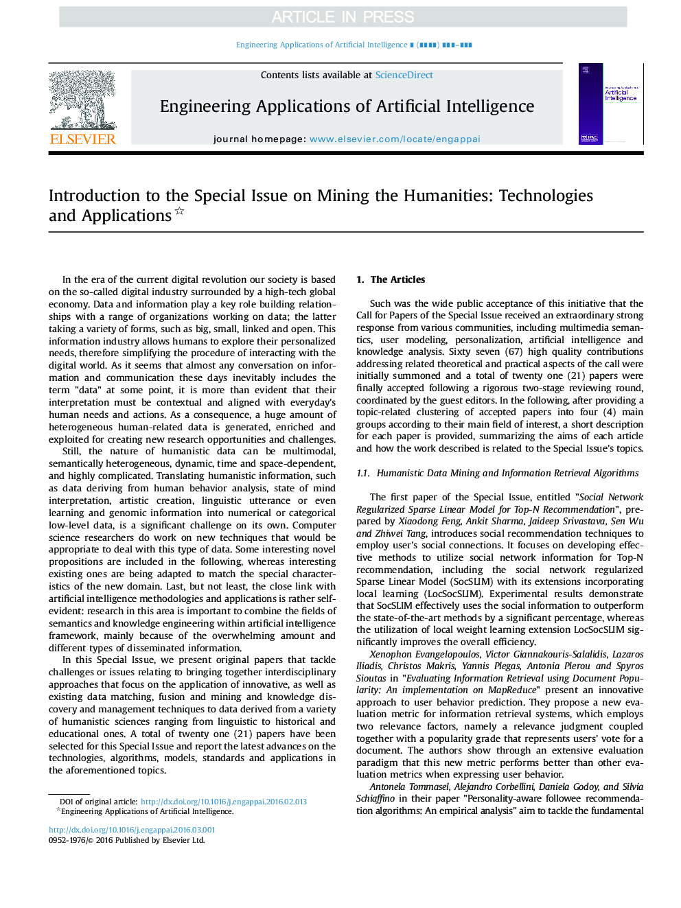 Introduction to the Special Issue on Mining the Humanities: Technologies and Applications