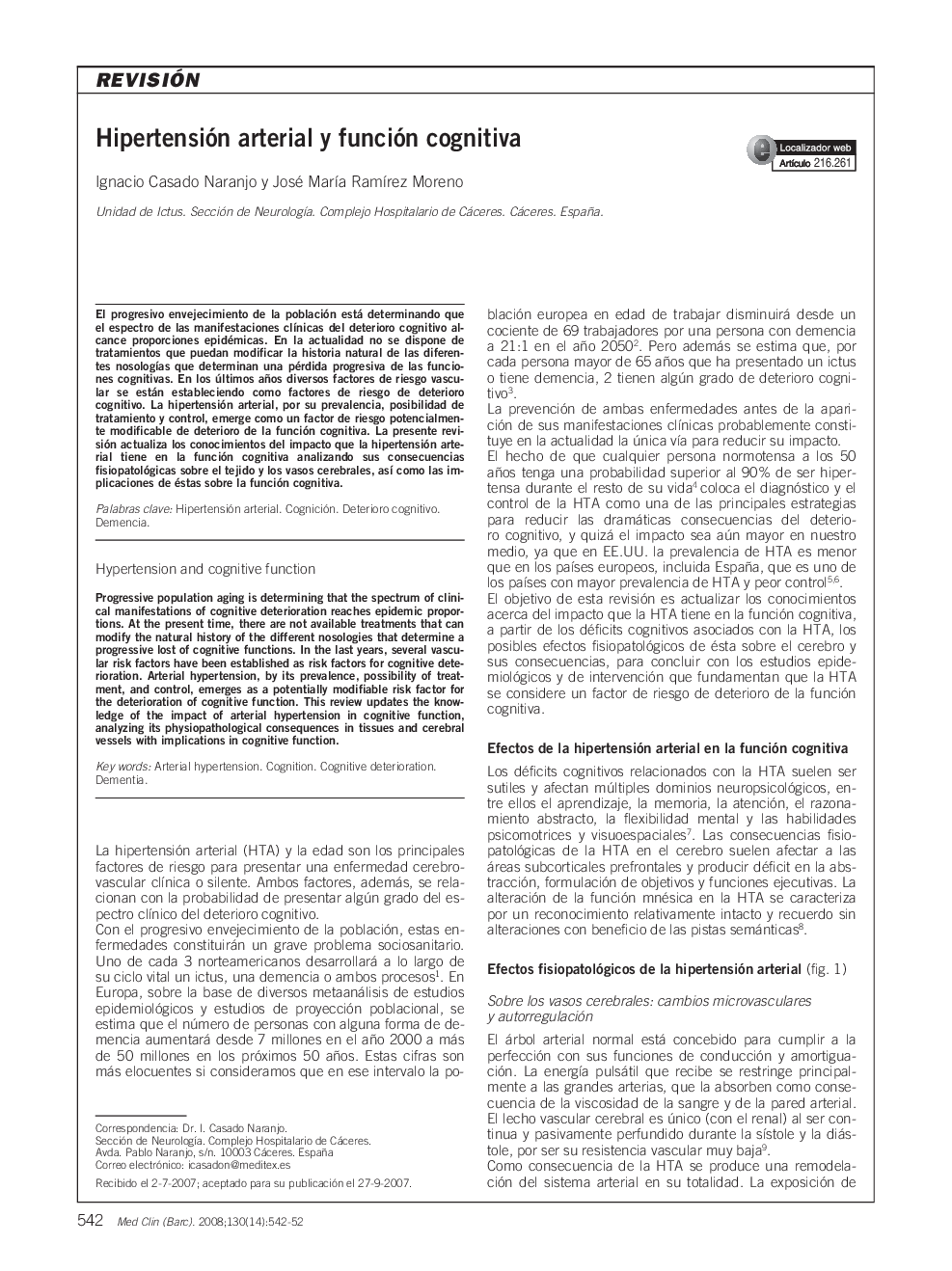 Hipertensión arterial y función cognitiva