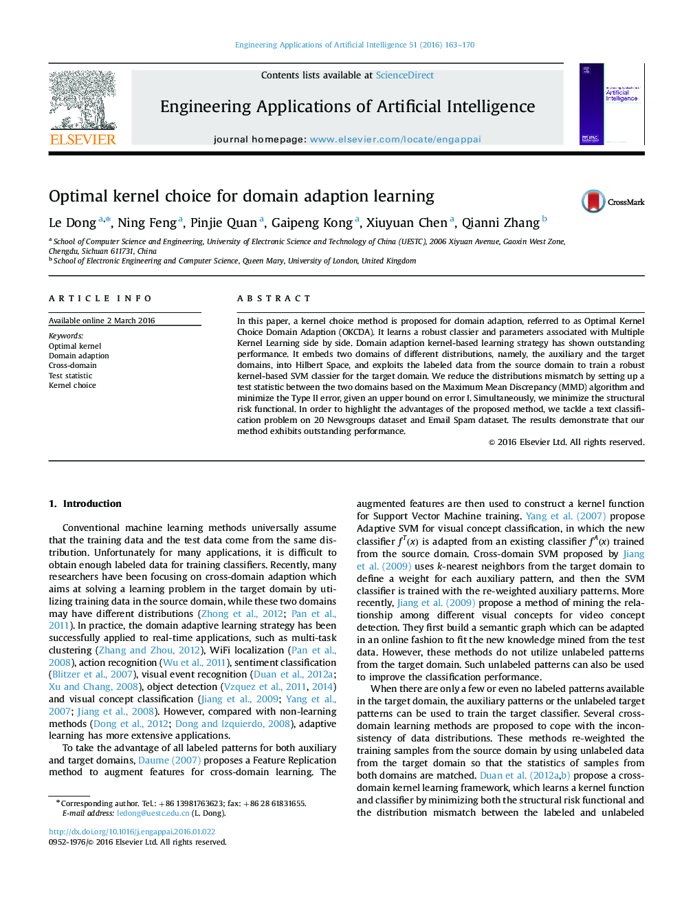 Optimal kernel choice for domain adaption learning