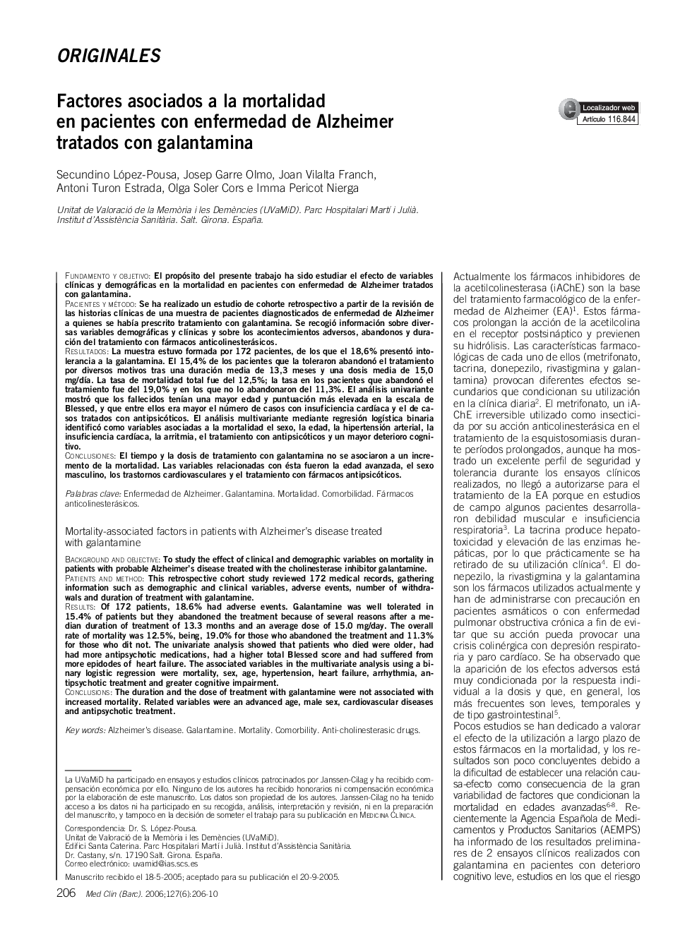 OriginalesFactores asociados a la mortalidad en pacientes con enfermedad de Alzheimer tratados con galantaminaMortality-associated factors in patients with Alzheimer's disease treated with galantamine