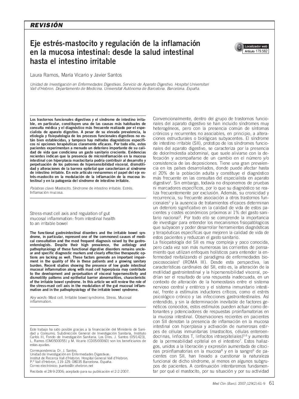 Eje estrés-mastocito y regulación de la inflamación en la mucosa intestinal: desde la salud intestinal hasta el intestino irritable