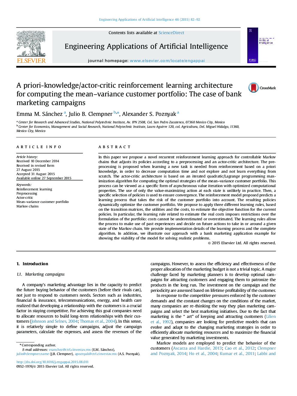 A priori-knowledge/actor-critic reinforcement learning architecture for computing the mean–variance customer portfolio: The case of bank marketing campaigns