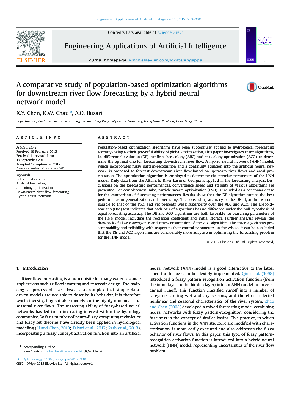 A comparative study of population-based optimization algorithms for downstream river flow forecasting by a hybrid neural network model