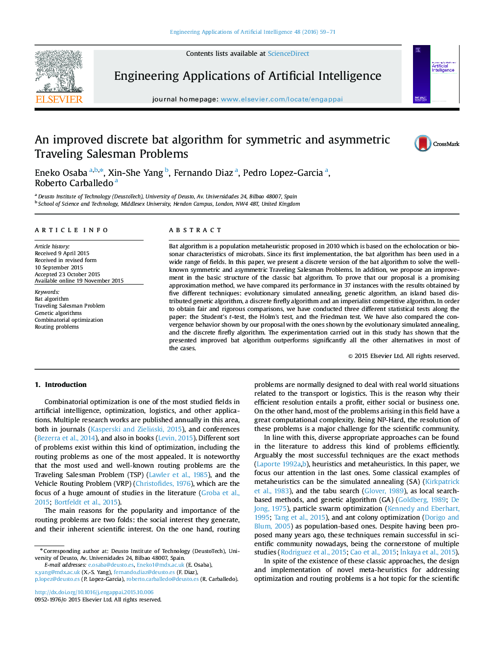 An improved discrete bat algorithm for symmetric and asymmetric Traveling Salesman Problems