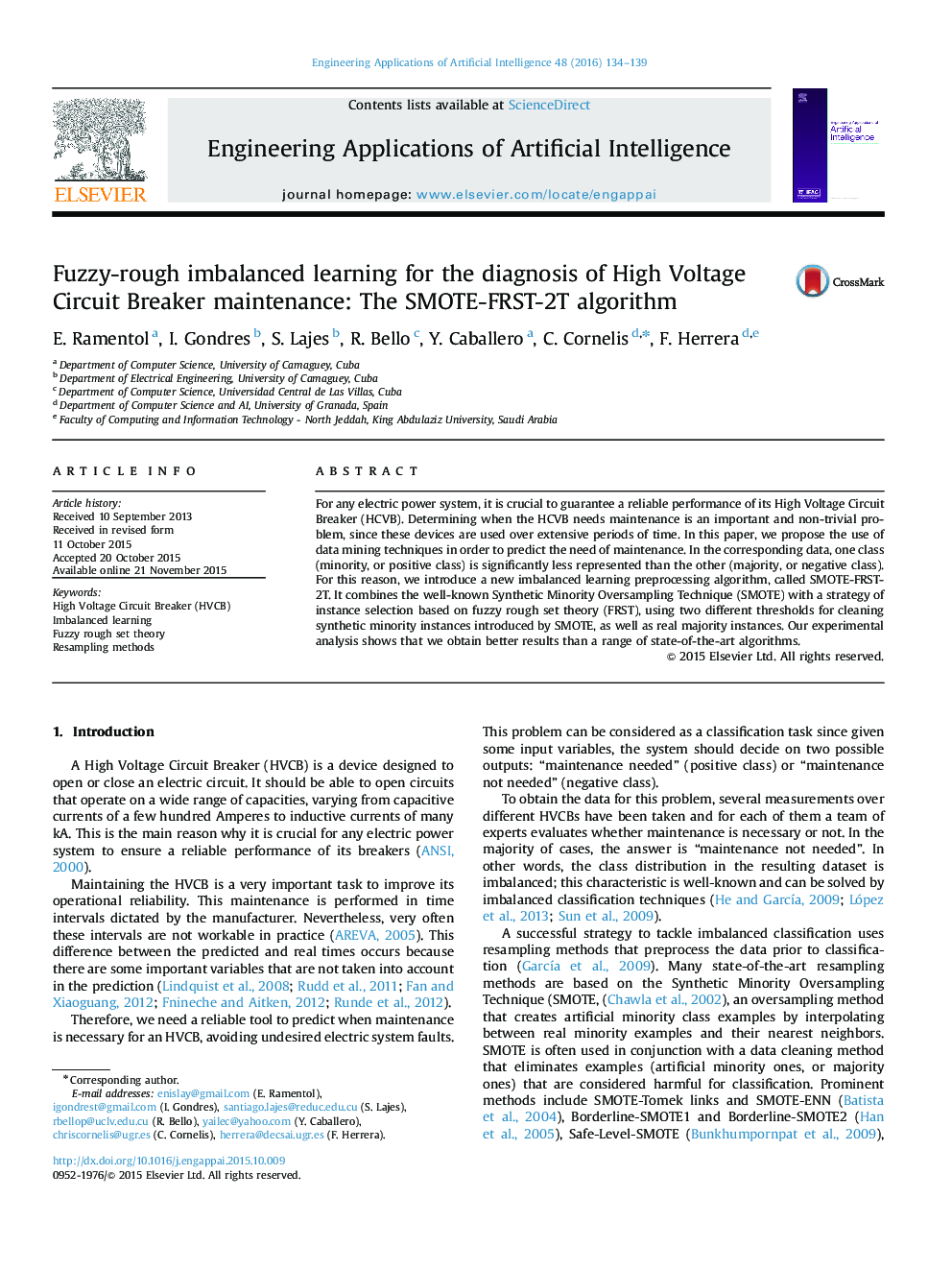 Fuzzy-rough imbalanced learning for the diagnosis of High Voltage Circuit Breaker maintenance: The SMOTE-FRST-2T algorithm