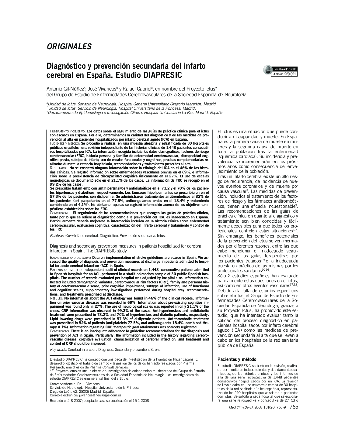 Diagnóstico y prevención secundaria del infarto cerebral en España. Estudio DIAPRESIC 