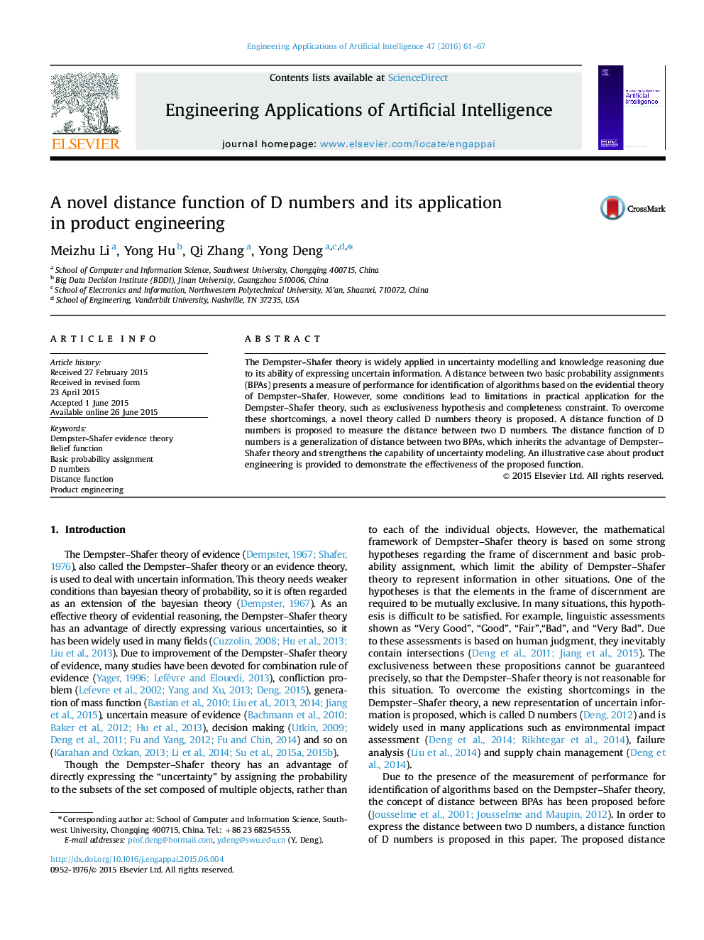 A novel distance function of D numbers and its application in product engineering