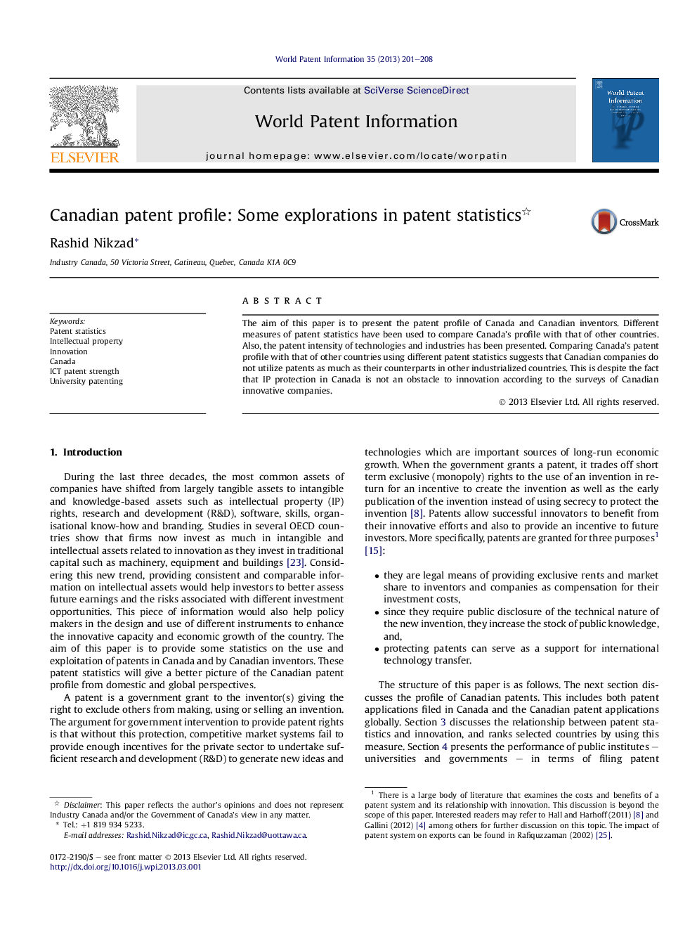 Canadian patent profile: Some explorations in patent statistics 