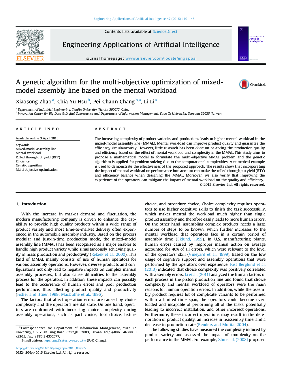 A genetic algorithm for the multi-objective optimization of mixed-model assembly line based on the mental workload