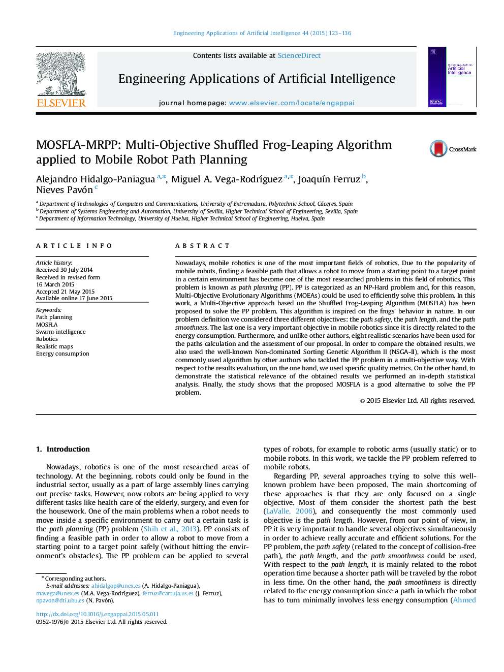 MOSFLA-MRPP: Multi-Objective Shuffled Frog-Leaping Algorithm applied to Mobile Robot Path Planning