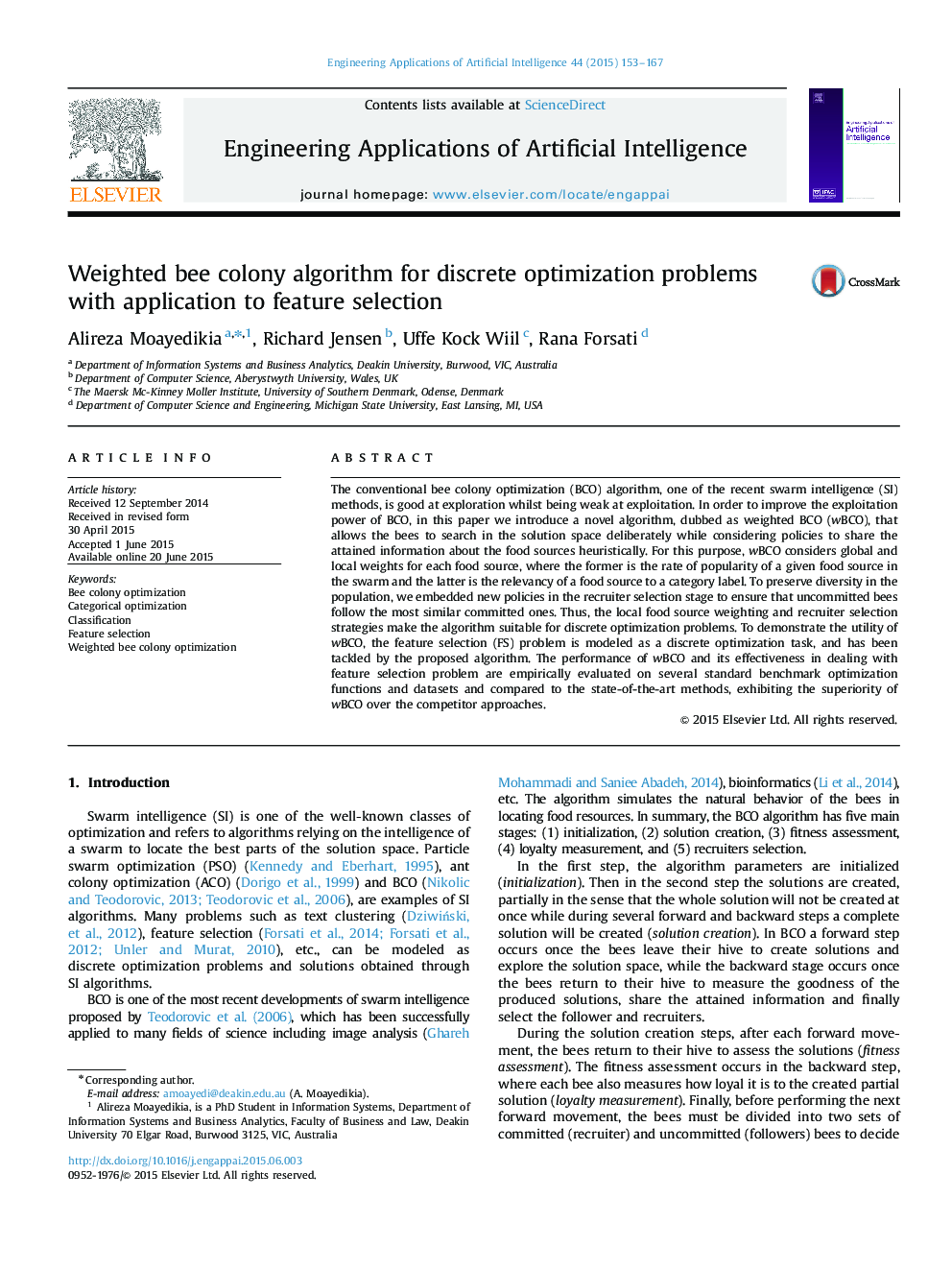 Weighted bee colony algorithm for discrete optimization problems with application to feature selection