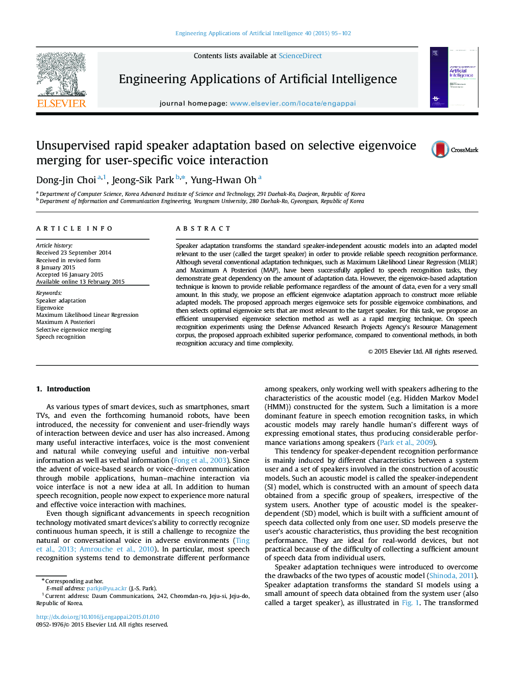 Unsupervised rapid speaker adaptation based on selective eigenvoice merging for user-specific voice interaction