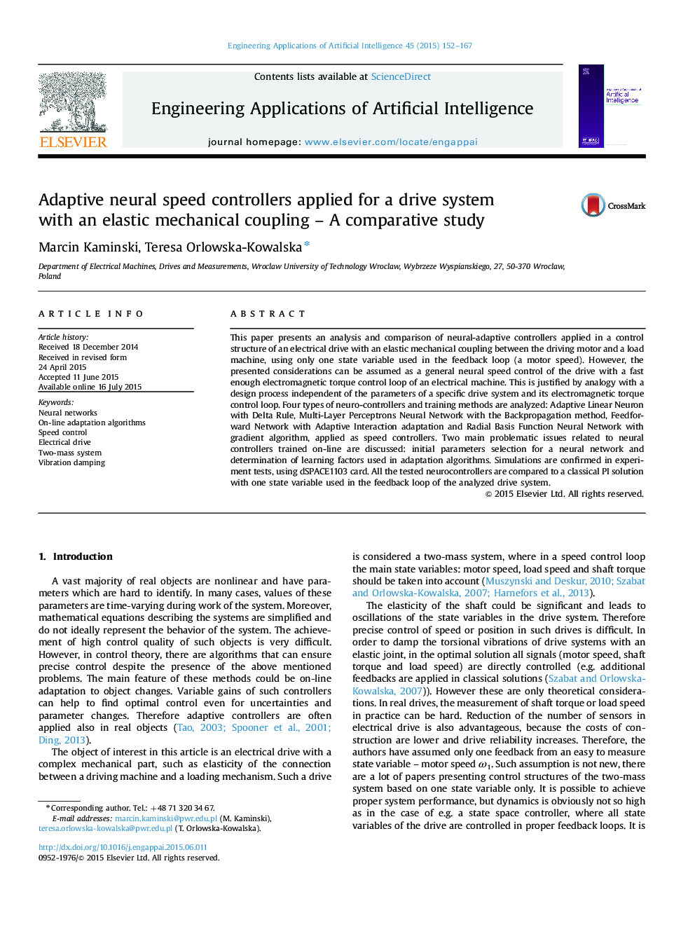Adaptive neural speed controllers applied for a drive system with an elastic mechanical coupling – A comparative study