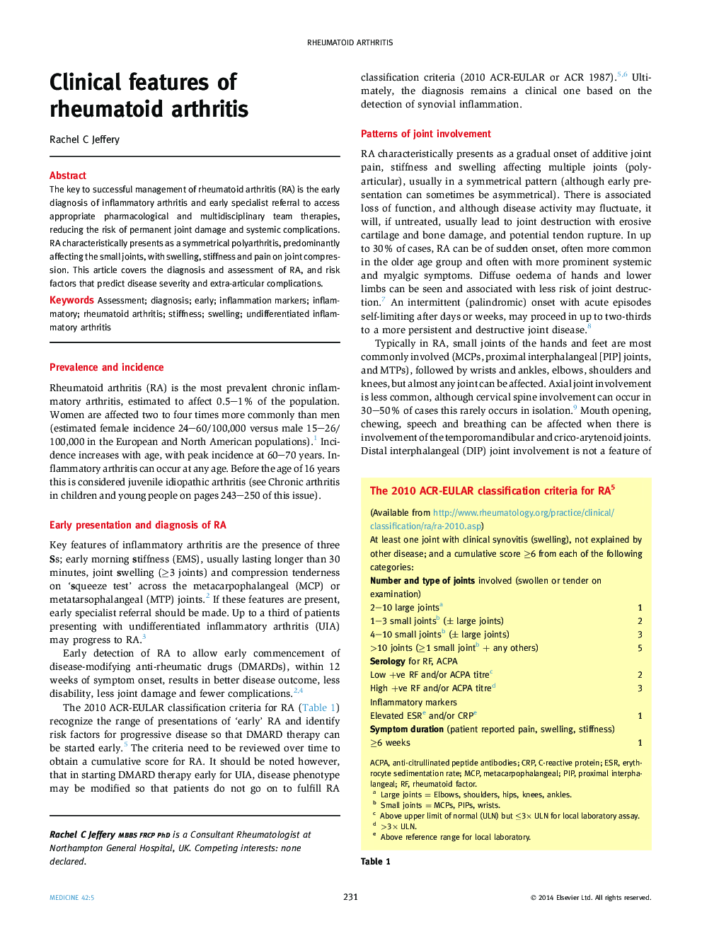 Clinical features of rheumatoid arthritis