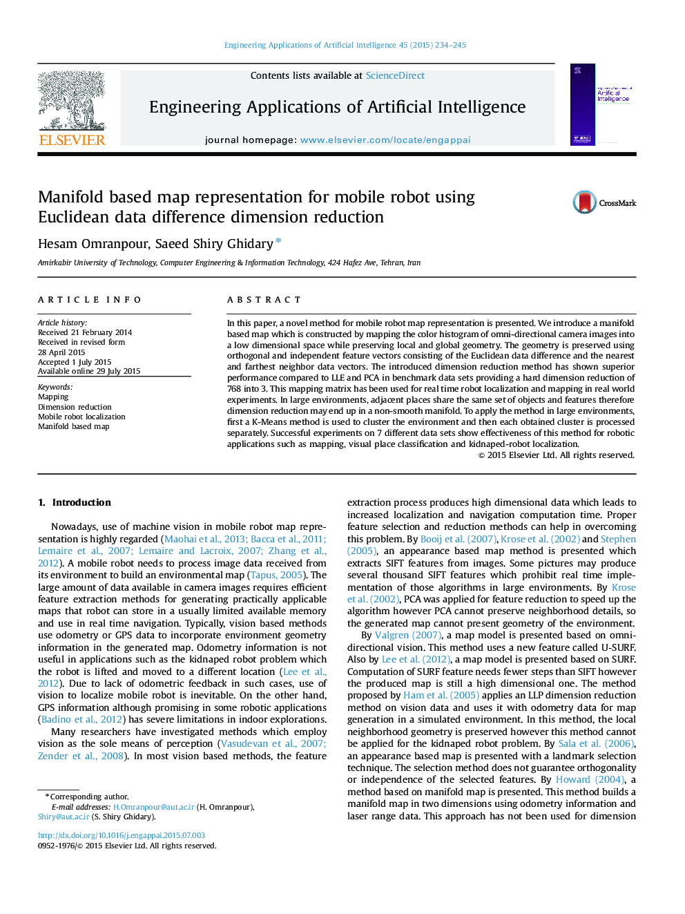 Manifold based map representation for mobile robot using Euclidean data difference dimension reduction