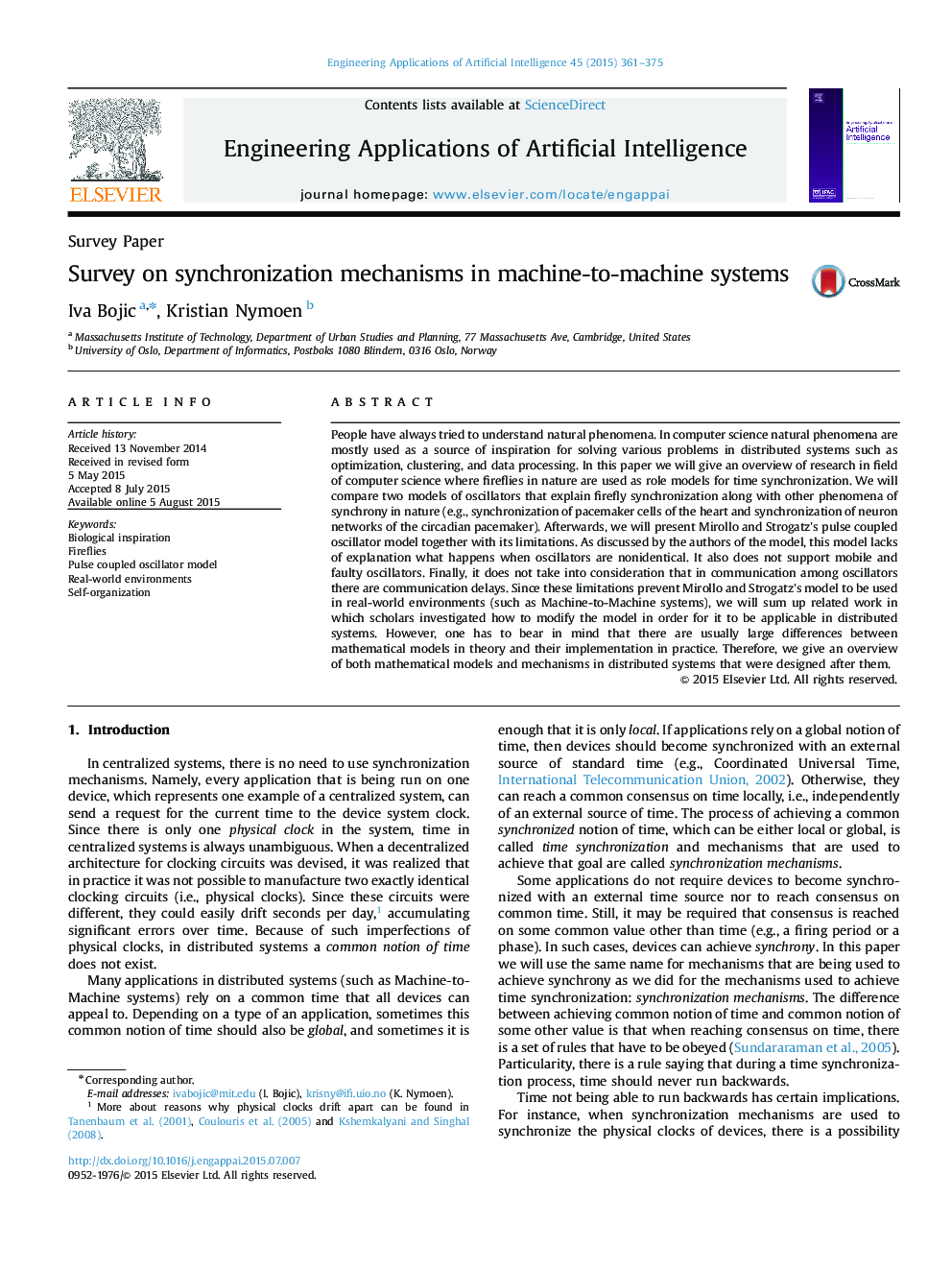 Survey on synchronization mechanisms in machine-to-machine systems