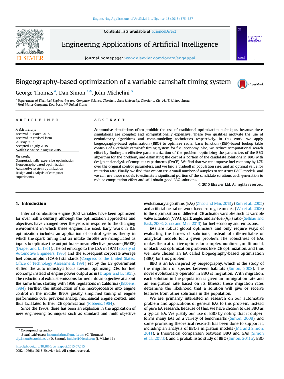 Biogeography-based optimization of a variable camshaft timing system