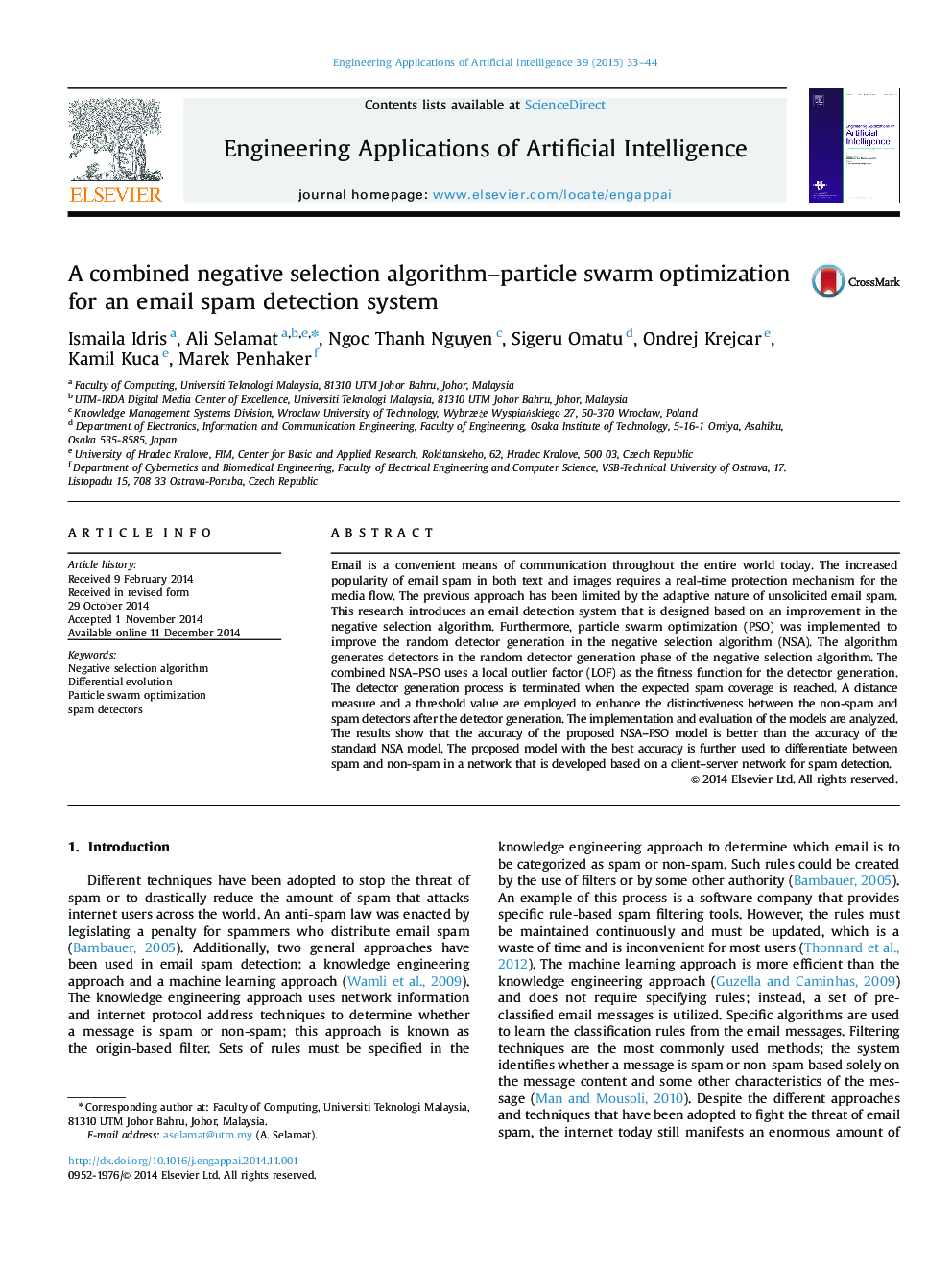 A combined negative selection algorithm–particle swarm optimization for an email spam detection system