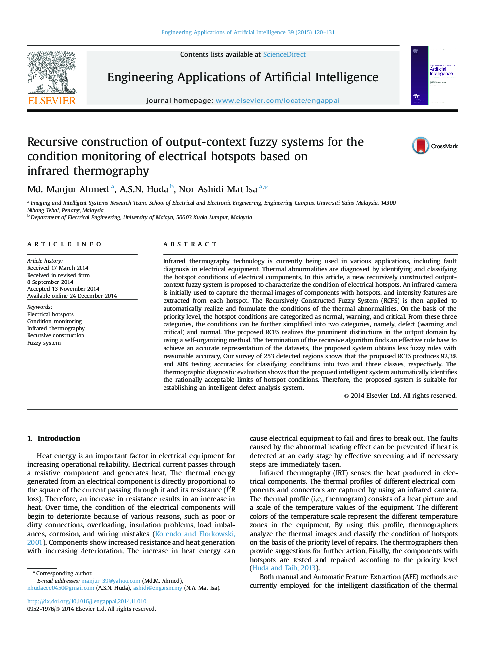 Recursive construction of output-context fuzzy systems for the condition monitoring of electrical hotspots based on infrared thermography