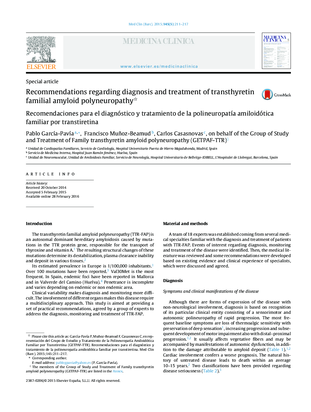 Recommendations regarding diagnosis and treatment of transthyretin familial amyloid polyneuropathy