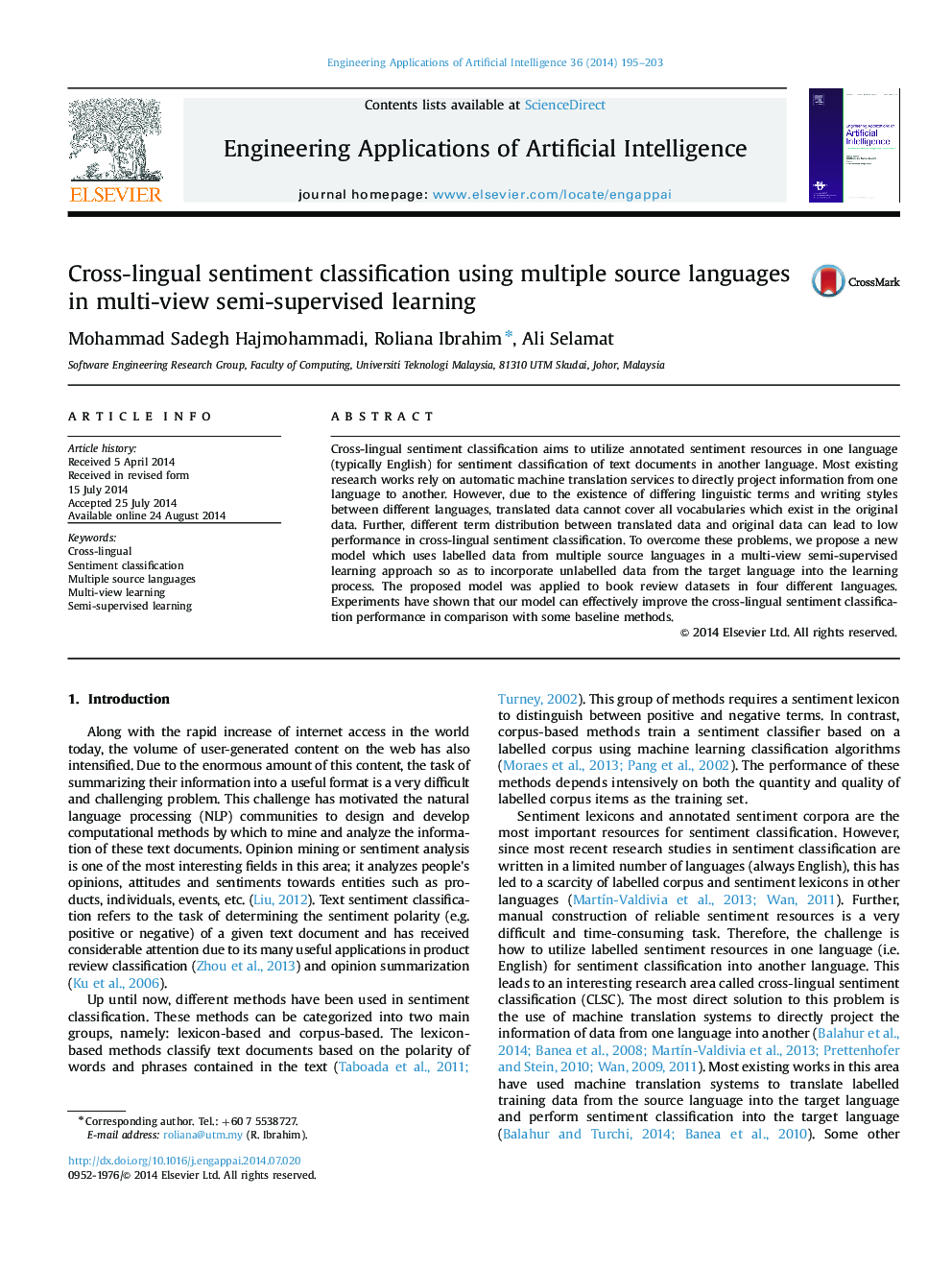 Cross-lingual sentiment classification using multiple source languages in multi-view semi-supervised learning