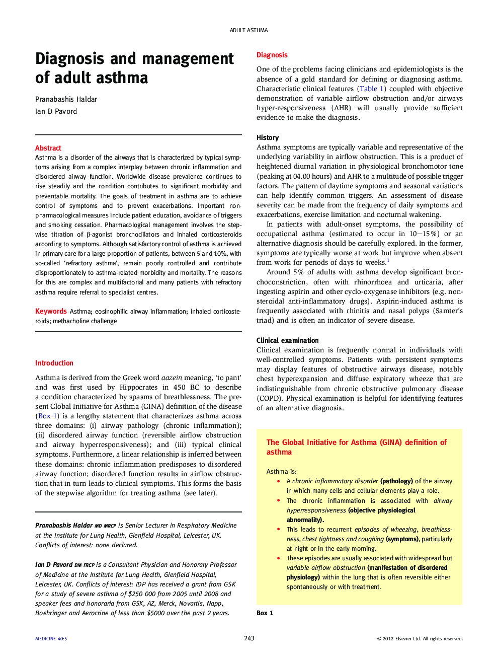 Diagnosis and management of adult asthma